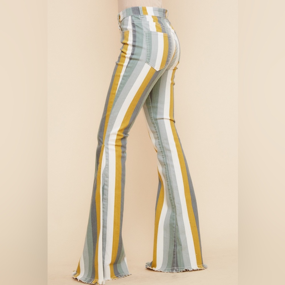 New! Hand Fringed Hem Striped bell Bottom Jeans